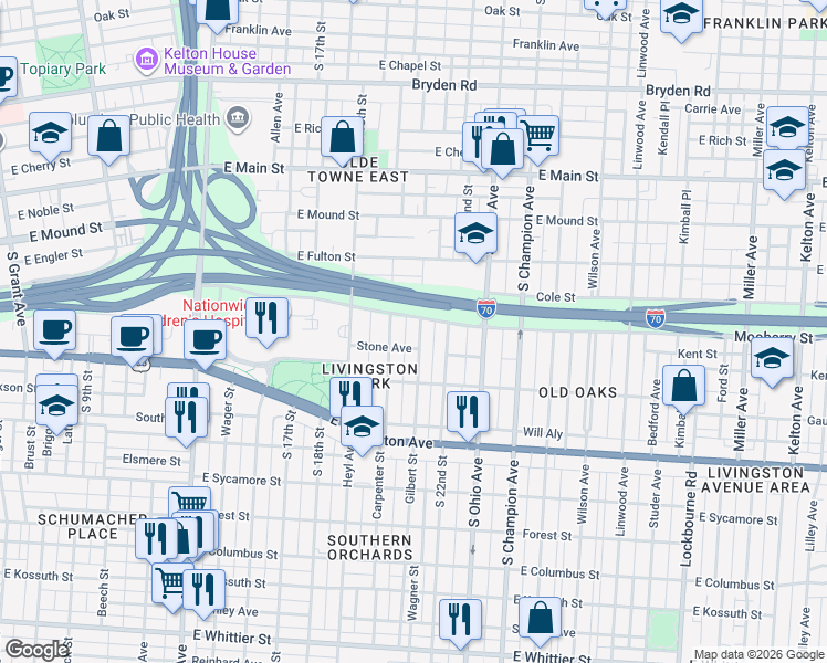 map of restaurants, bars, coffee shops, grocery stores, and more near 605 Gilbert Street in Columbus