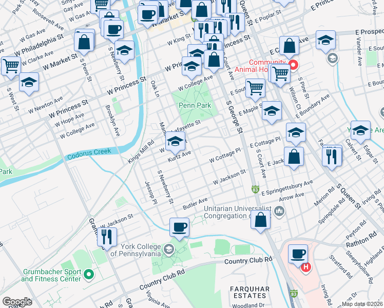 map of restaurants, bars, coffee shops, grocery stores, and more near 608 South Pershing Avenue in York