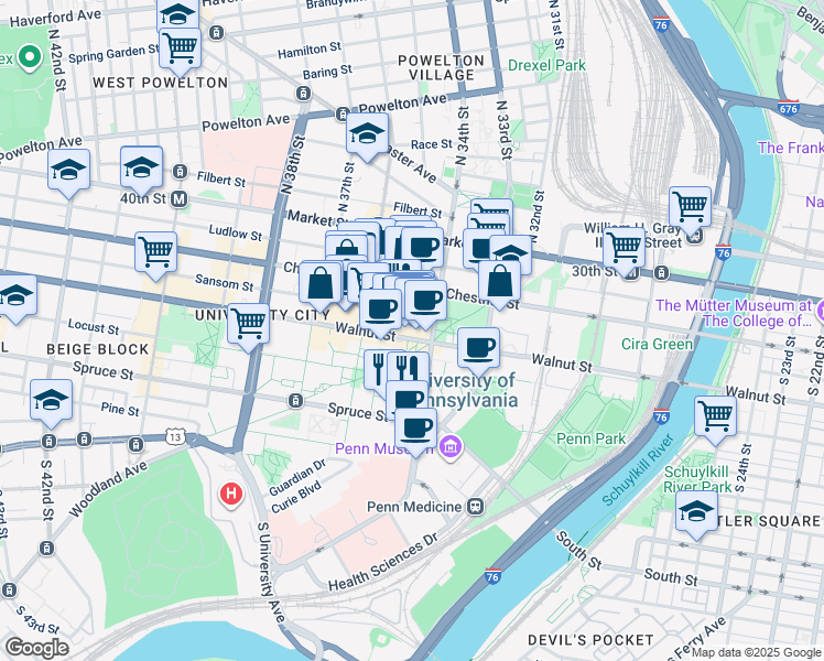 map of restaurants, bars, coffee shops, grocery stores, and more near 3401 Walnut Street in Philadelphia