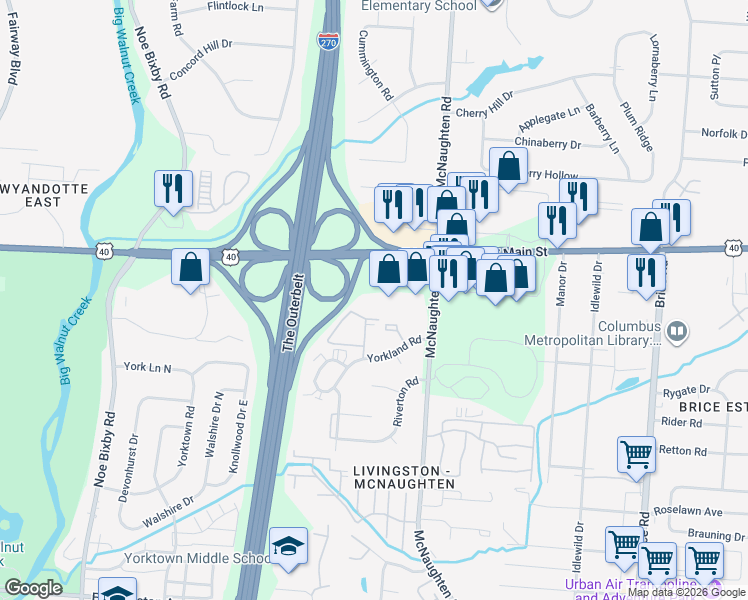 map of restaurants, bars, coffee shops, grocery stores, and more near 5880 Yorkland Court in Columbus