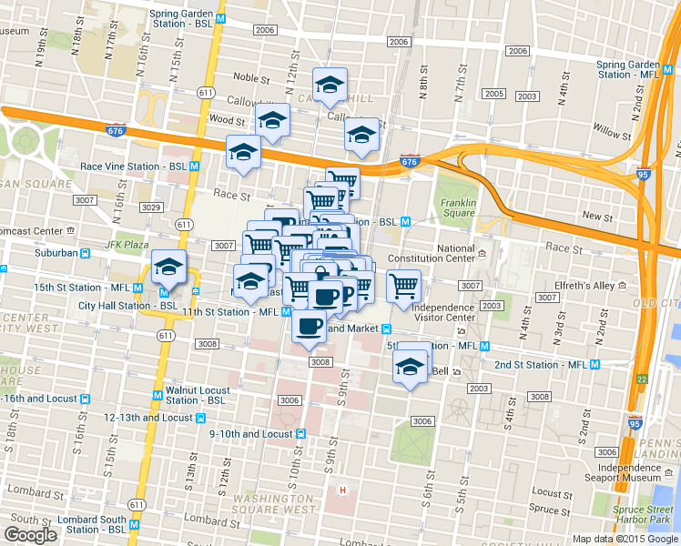 map of restaurants, bars, coffee shops, grocery stores, and more near 924 Arch Street in Philadelphia