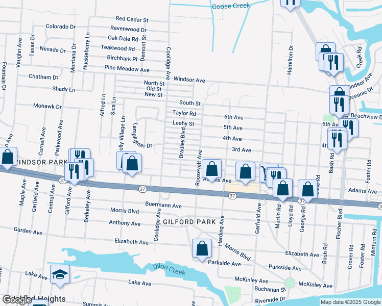 map of restaurants, bars, coffee shops, grocery stores, and more near 2132 Patton Road in Toms River