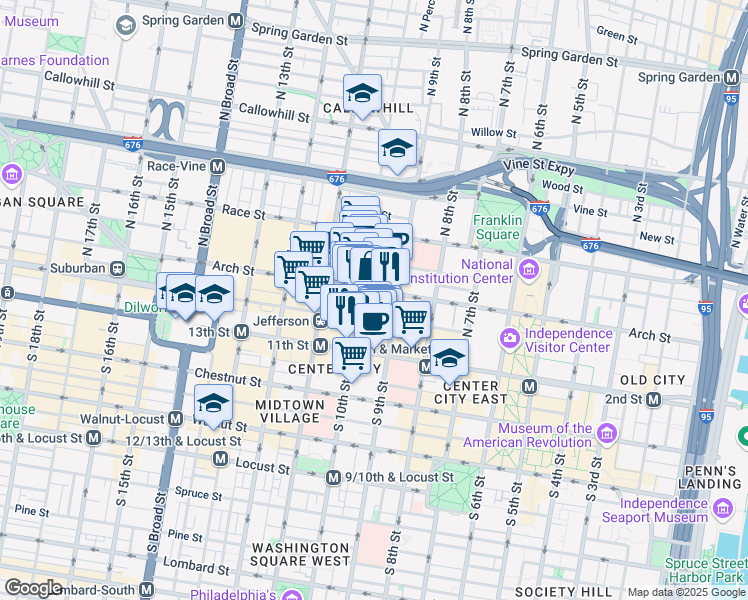 map of restaurants, bars, coffee shops, grocery stores, and more near 924 Arch Street in Philadelphia
