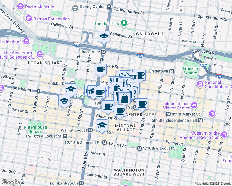 map of restaurants, bars, coffee shops, grocery stores, and more near 1201 Filbert Street in Philadelphia