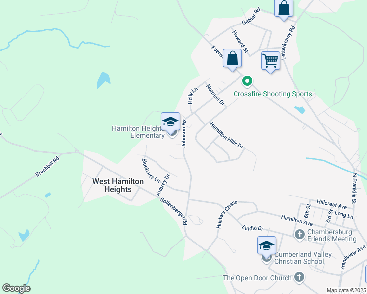 map of restaurants, bars, coffee shops, grocery stores, and more near 1489 Johnson Road in Chambersburg