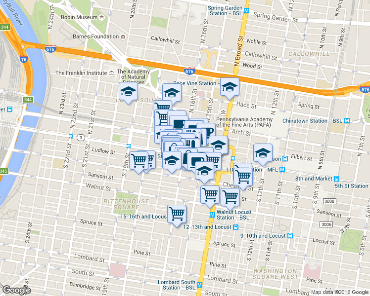 map of restaurants, bars, coffee shops, grocery stores, and more near 13 North 16th Street in Philadelphia