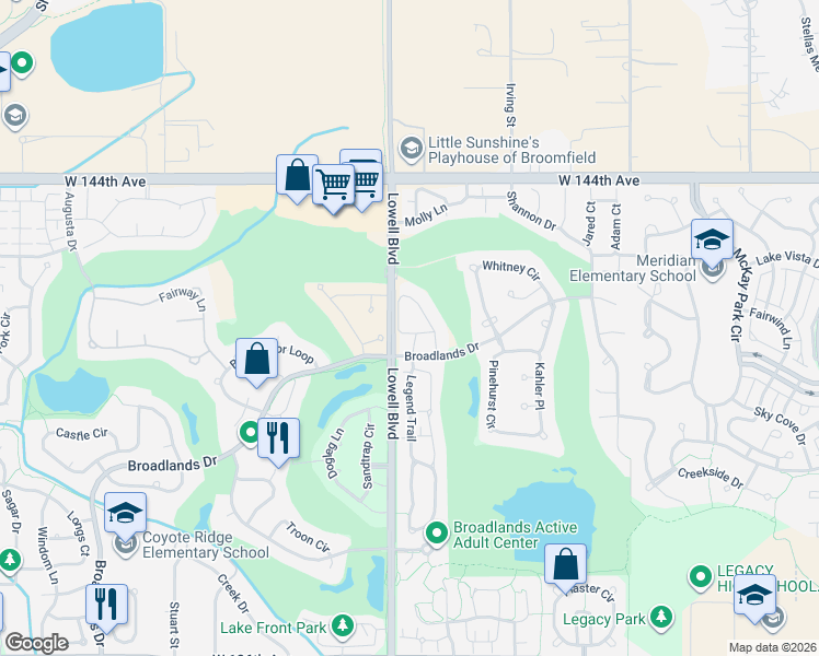 map of restaurants, bars, coffee shops, grocery stores, and more near 13952 Legend Way in Broomfield