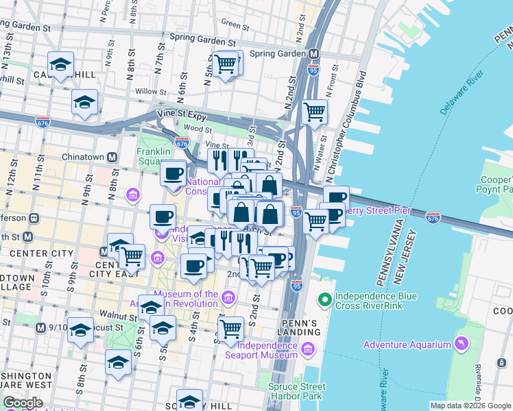 map of restaurants, bars, coffee shops, grocery stores, and more near 105 North Bread Street in Philadelphia