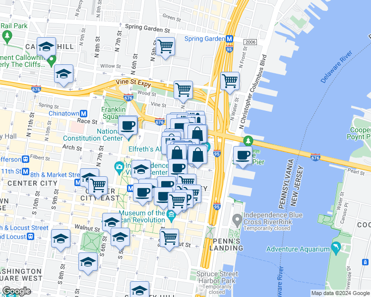 map of restaurants, bars, coffee shops, grocery stores, and more near 105 North Bread Street in Philadelphia