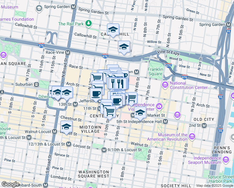 map of restaurants, bars, coffee shops, grocery stores, and more near 917 Filbert Street in Philadelphia