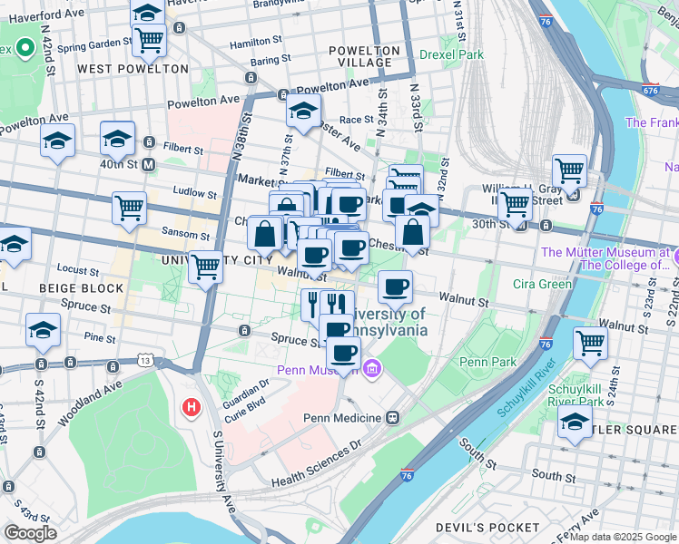 map of restaurants, bars, coffee shops, grocery stores, and more near in Philadelphia