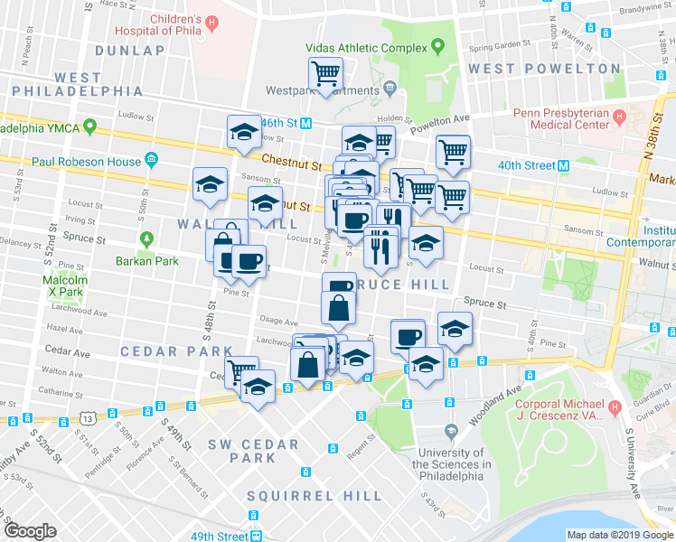 map of restaurants, bars, coffee shops, grocery stores, and more near in Philadelphia