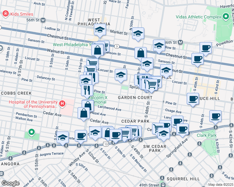 map of restaurants, bars, coffee shops, grocery stores, and more near 417 South 50th Street in Philadelphia