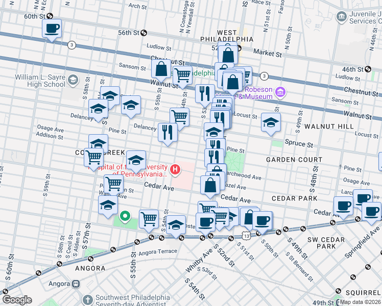 map of restaurants, bars, coffee shops, grocery stores, and more near 5331 Larchwood Avenue in Philadelphia