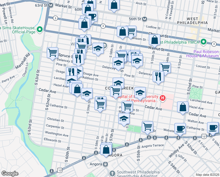 map of restaurants, bars, coffee shops, grocery stores, and more near 5759 Rodman Street in Philadelphia