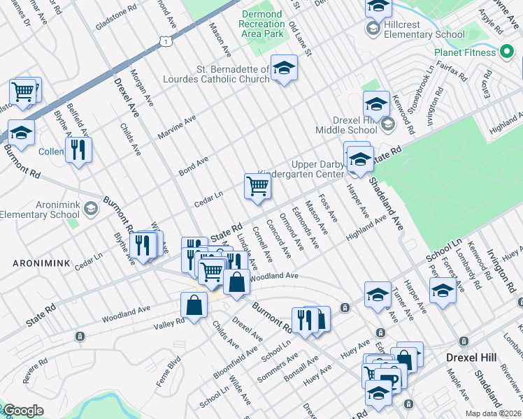 map of restaurants, bars, coffee shops, grocery stores, and more near 755 Concord Avenue in Drexel Hill