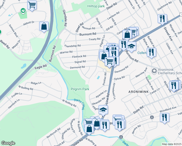 map of restaurants, bars, coffee shops, grocery stores, and more near 209 Pilgrim Lane in Drexel Hill