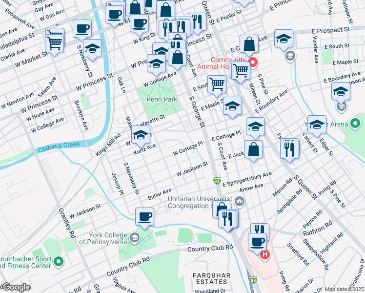 map of restaurants, bars, coffee shops, grocery stores, and more near 728 South Beaver Street in York