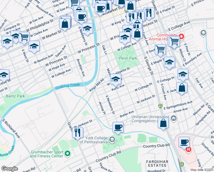 map of restaurants, bars, coffee shops, grocery stores, and more near 284 West Maple Street in York