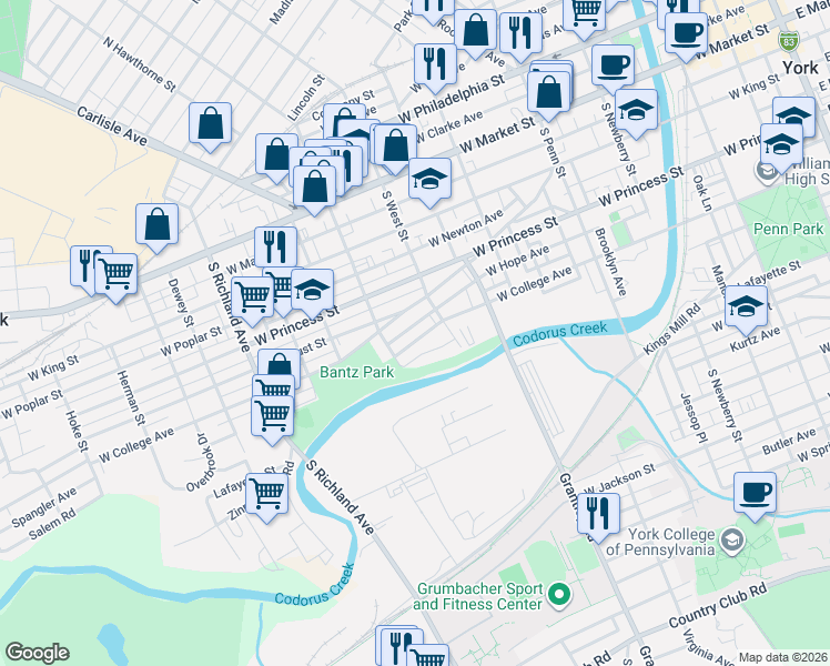 map of restaurants, bars, coffee shops, grocery stores, and more near 604 West College Avenue in York