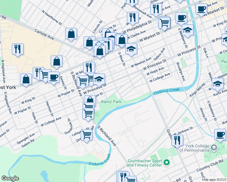 map of restaurants, bars, coffee shops, grocery stores, and more near 714 West Locust Street in York