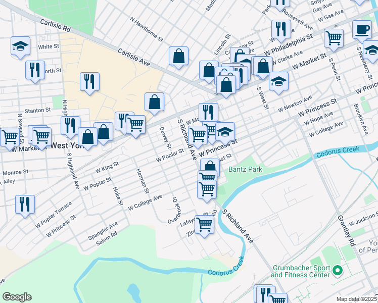 map of restaurants, bars, coffee shops, grocery stores, and more near 1022 West Princess Street in West York