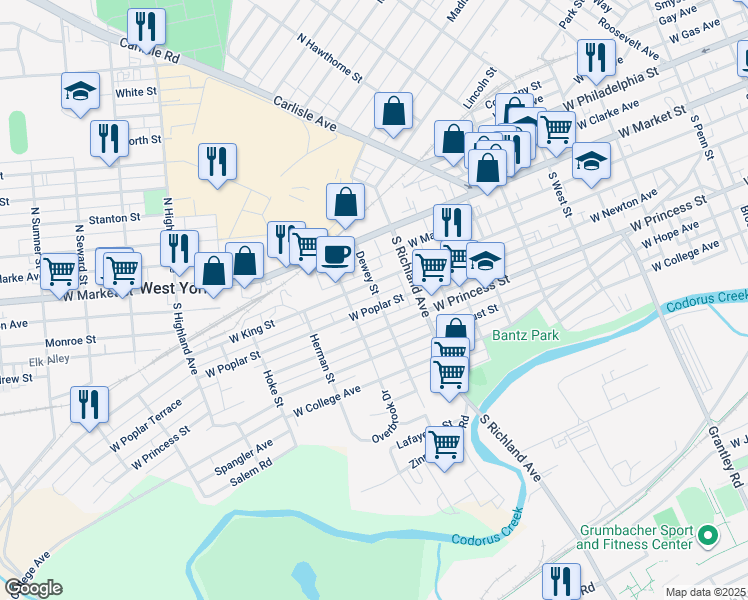 map of restaurants, bars, coffee shops, grocery stores, and more near 1107 West Princess Street in West York