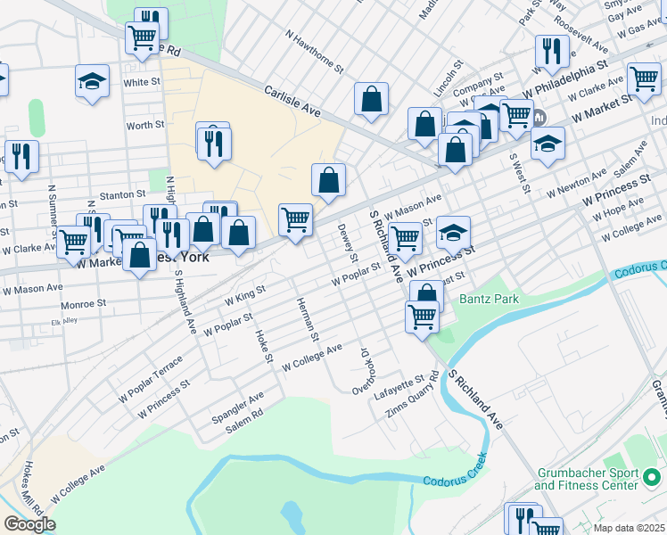 map of restaurants, bars, coffee shops, grocery stores, and more near 1212 West Poplar Street in West York