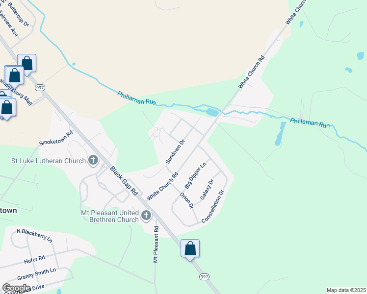 map of restaurants, bars, coffee shops, grocery stores, and more near 3033 Sundown Drive in Chambersburg