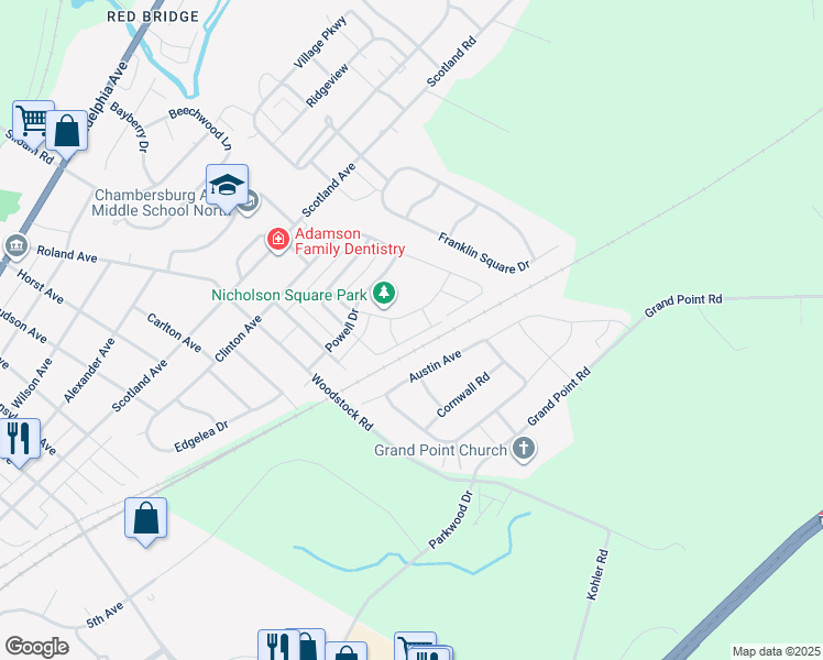 map of restaurants, bars, coffee shops, grocery stores, and more near 710 Bassett Drive in Chambersburg