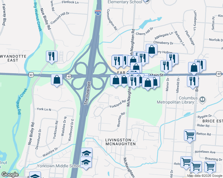 map of restaurants, bars, coffee shops, grocery stores, and more near 5880 Yorkland Court in Columbus