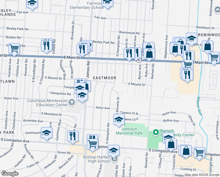 map of restaurants, bars, coffee shops, grocery stores, and more near 3251 East Fulton Street in Columbus