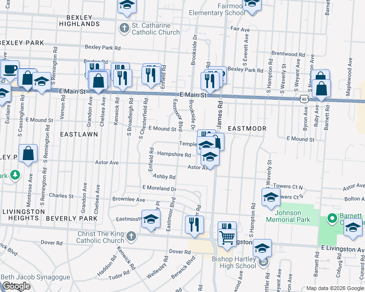 map of restaurants, bars, coffee shops, grocery stores, and more near 896 Eastmoor Boulevard in Columbus