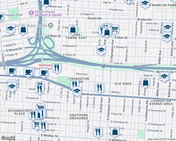 map of restaurants, bars, coffee shops, grocery stores, and more near 605 Gilbert Street in Columbus