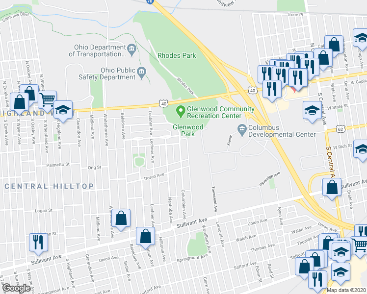 map of restaurants, bars, coffee shops, grocery stores, and more near 171 Columbian Avenue in Columbus