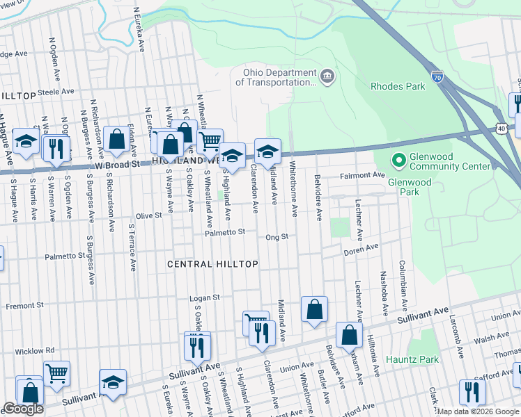 map of restaurants, bars, coffee shops, grocery stores, and more near 147 Midland Avenue in Columbus