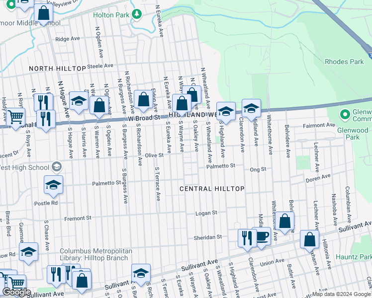 map of restaurants, bars, coffee shops, grocery stores, and more near 142 South Wayne Avenue in Columbus