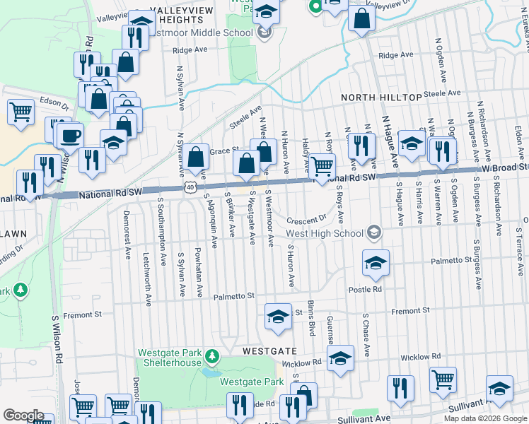 map of restaurants, bars, coffee shops, grocery stores, and more near 91 South Westmoor Avenue in Columbus