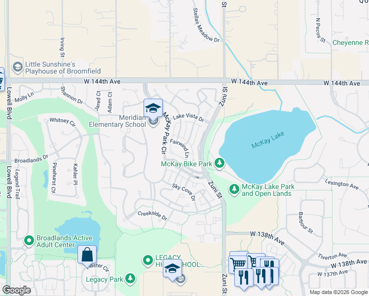 map of restaurants, bars, coffee shops, grocery stores, and more near 2561 McKay Landing Parkway in Broomfield