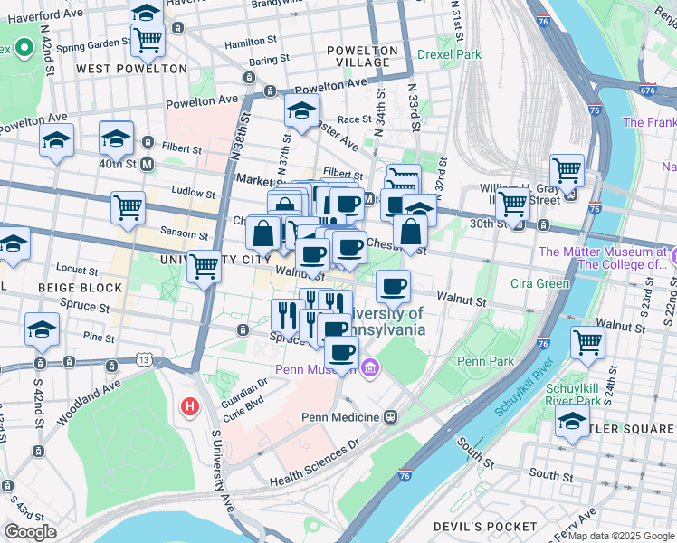 map of restaurants, bars, coffee shops, grocery stores, and more near 3401-39 Walnut Street in Philadelphia