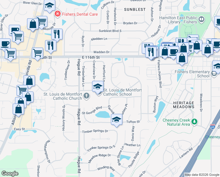 map of restaurants, bars, coffee shops, grocery stores, and more near 7720 Garrick Street in Fishers