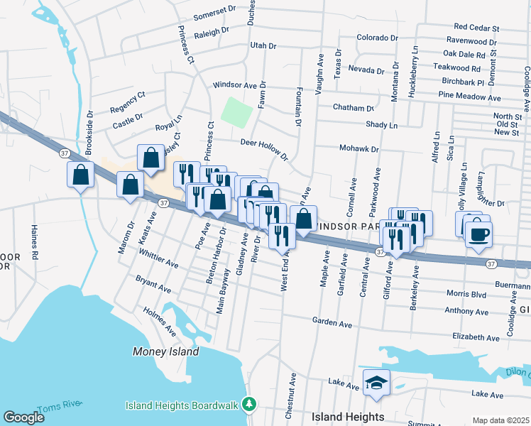 map of restaurants, bars, coffee shops, grocery stores, and more near 1615 Quail Road in Toms River