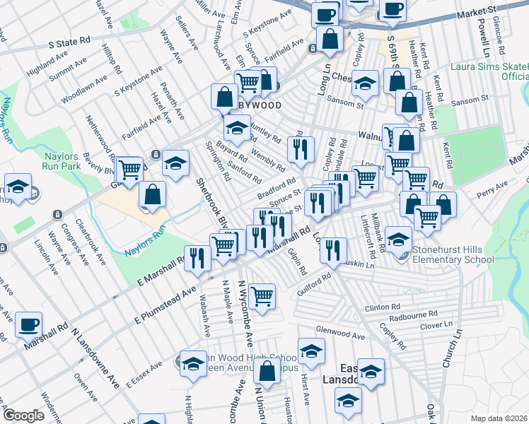 map of restaurants, bars, coffee shops, grocery stores, and more near 151 Springton Road in Delaware County
