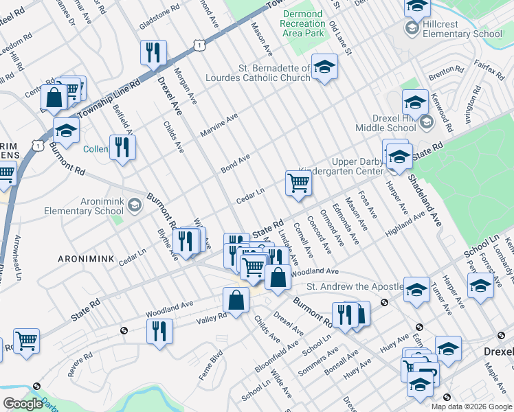 map of restaurants, bars, coffee shops, grocery stores, and more near 819 Morgan Avenue in Drexel Hill