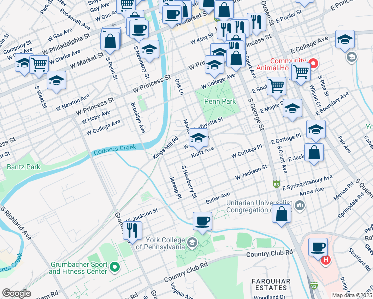 map of restaurants, bars, coffee shops, grocery stores, and more near 272 West Maple Street in York