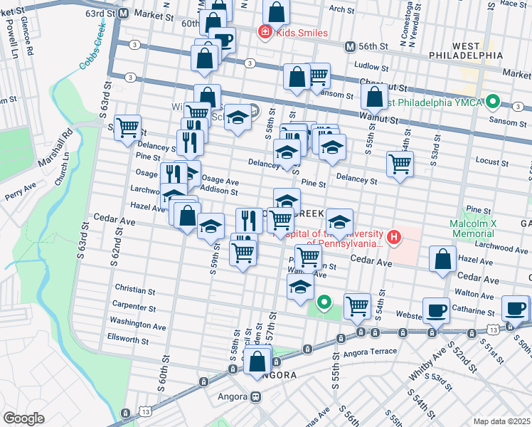map of restaurants, bars, coffee shops, grocery stores, and more near 5744 Larchwood Ave in Philadelphia