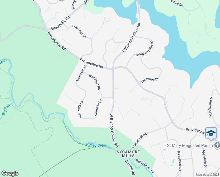 map of restaurants, bars, coffee shops, grocery stores, and more near 19 West Bishop Hollow Road in Media