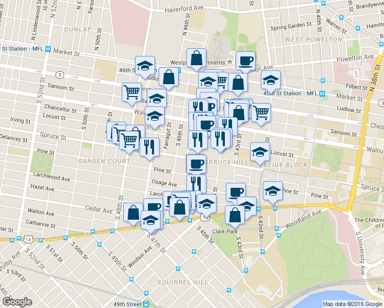 map of restaurants, bars, coffee shops, grocery stores, and more near 4515 Spruce Street in Philadelphia