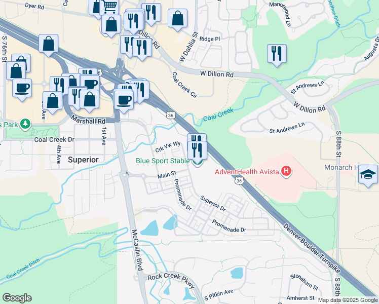 map of restaurants, bars, coffee shops, grocery stores, and more near 3 Superior Drive in Superior