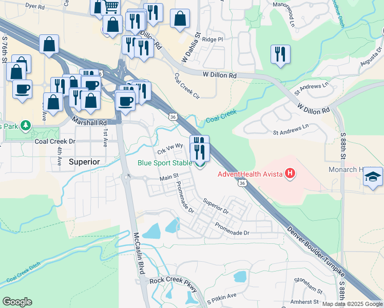 map of restaurants, bars, coffee shops, grocery stores, and more near 3 Superior Drive in Superior